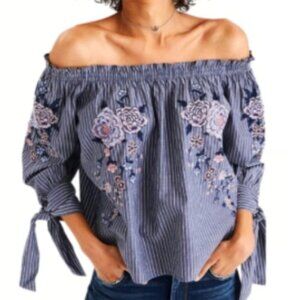 AEO American Eagle Outfitters Off Shoulder Top Blouse Shirt Floral Gray Size XS